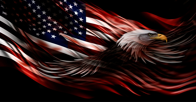 A powerful illustration of a bald eagle with an American flag waving in the background, symbolizing patriotism and freedom.