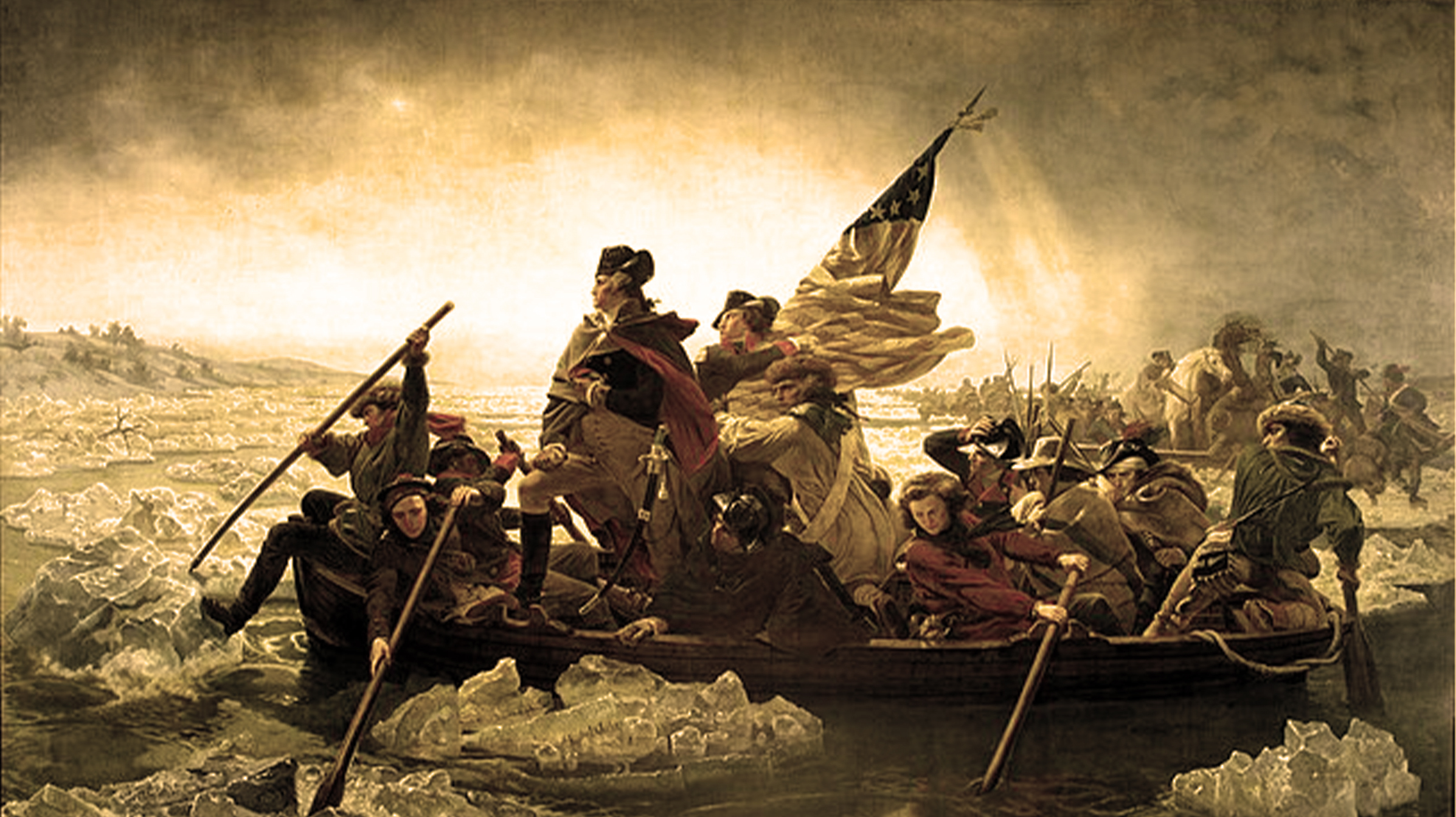 Historical painting depicting George Washington crossing the Delaware River with his troops during the American Revolution.