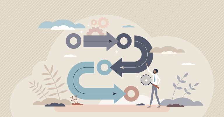 An illustration of interconnected arrows and a person holding a magnifying glass, symbolizing process optimization to grow a freelance copywriting business client base.