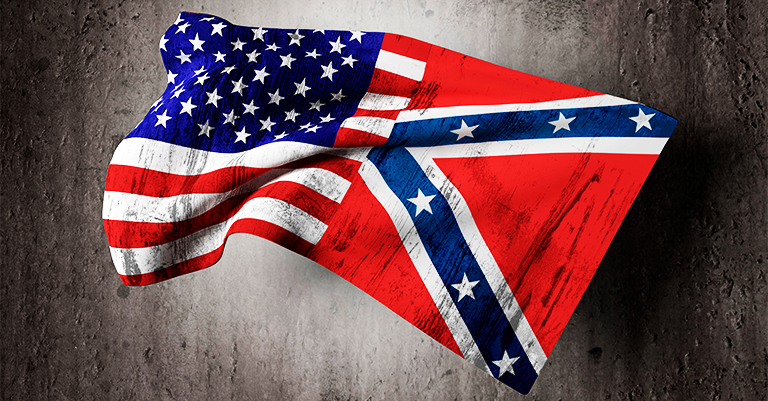 A hybrid image blending the U.S. flag with the Confederate flag, symbolizing the complex and divisive history of the United States.