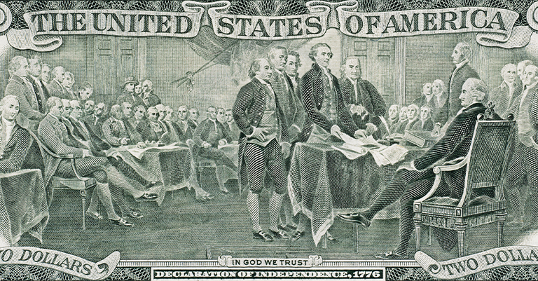 "Engraving of the Declaration of Independence signing, featured on the U.S. two-dollar bill."