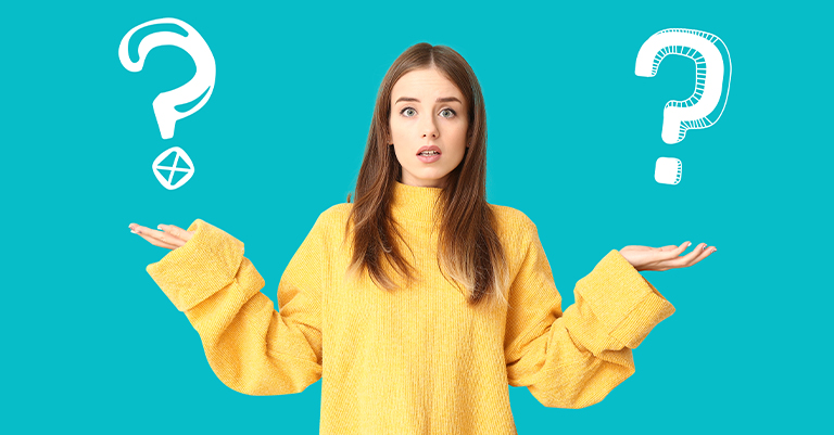 Confused young woman in a yellow sweater with question marks around her, expressing uncertainty.