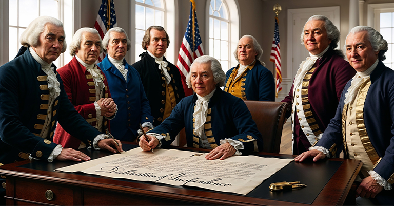 Founding fathers signing the Declaration of Independence in a historic reenactment setting.