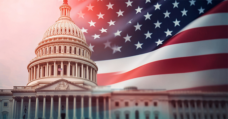 The U.S. Capitol building with a flowing American flag overlay, representing trust, authority, and impactful communication.