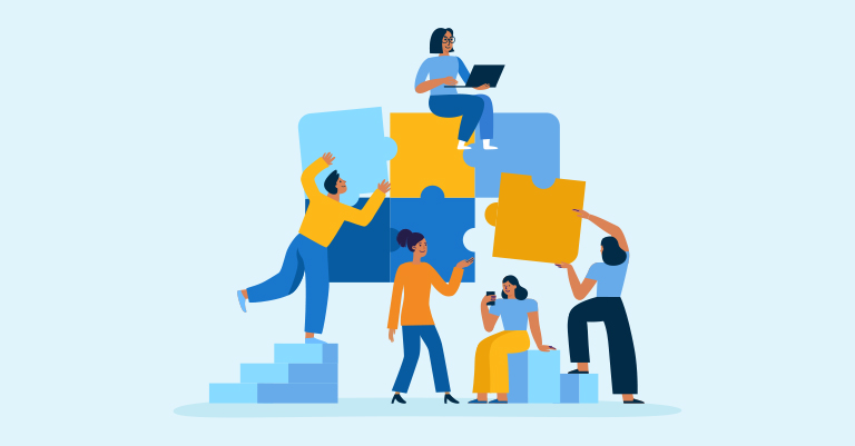 Illustration of a diverse group of people collaborating to assemble large puzzle pieces, symbolizing teamwork and problem-solving.