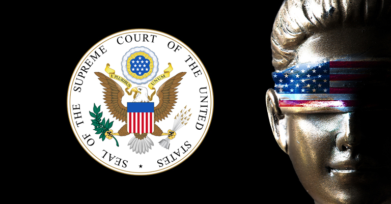 The U.S. Supreme Court seal next to a blindfolded Lady Justice statue with an American flag-themed blindfold, symbolizing impartiality and justice.